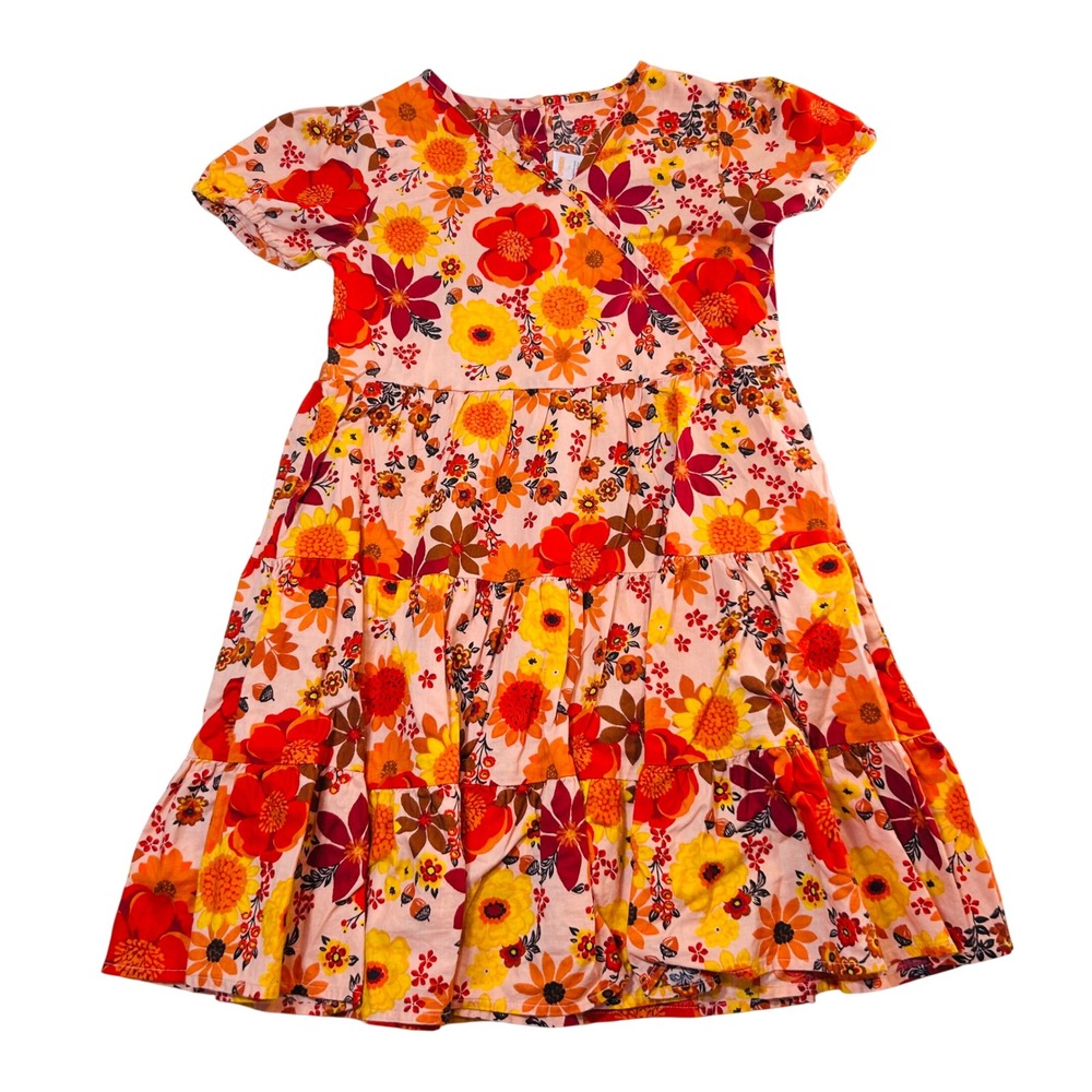 Gymboree Girls Size 10 Orange Floral Tiered Cotton‎ Faux Wrap Short Sleeve Dress